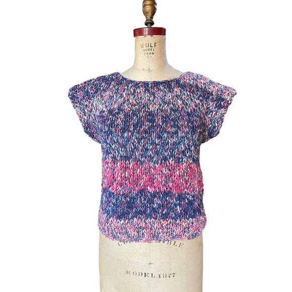 Razzle Me Womens Sweater Purple Pink Striped Crochet Knitted Cap Sleeves M - Picture 1 of 6